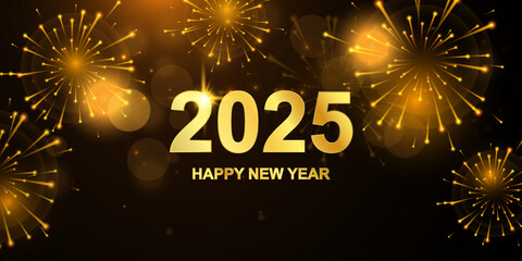 Happy new year 2025 background. Gold Fireworks. Holiday greeting card design. Vector illustration.