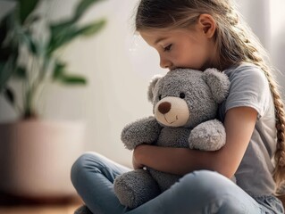 Sad Child Holding Teddy Bear Reflecting on Domestic Abuse and Loneliness