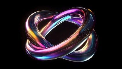 Wall Mural - Abstract fluid 3D render, a colorful iridescent gradient in the shape of two intertwined rings on a black background. 