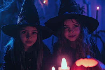 Two Girls in Witches Hats with Cake