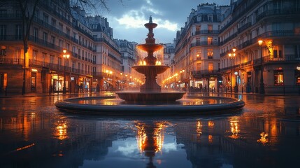 Evening scene of a European plaza with a perfectly symmetrical circular fountain, glowing streetlights, and charming buildings reflecting in the water