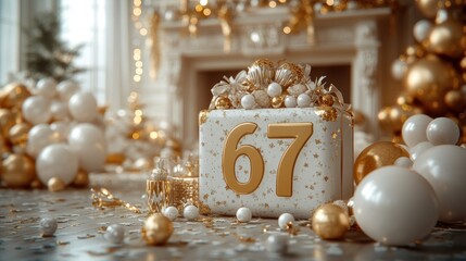 A festive scene with a gift box and golden decorations.