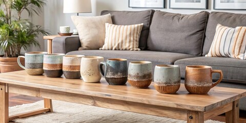 modern coffee table with an array of ceramic mugs.