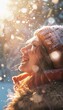 © decorator - Joyful woman celebrating winter by tossing snow in the air under bright sunlight