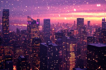 Wall Mural - A stunning winter cityscape at twilight. Glittering skyscrapers rise under a purple sky. Snowflakes dance in the air. This is a breathtaking urban scene. Generative AI