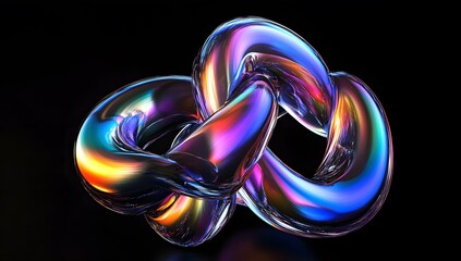 Abstract fluid 3D render, a colorful iridescent gradient in the shape of two intertwined rings on a black background. 