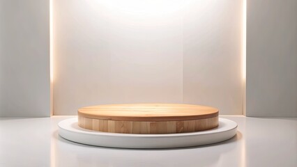 Sticker - Minimalist round wooden platform on a white surface.