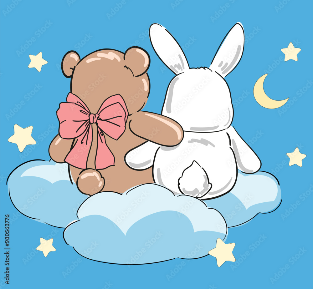hand drawn cute bunny with teddy bear vector illustration kids print ...