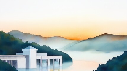 Sticker - A hydroelectric station at dawn, surrounded by misty hills