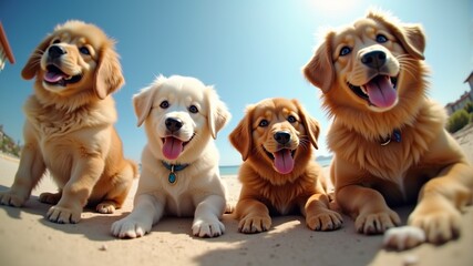 Wall Mural - Four happy puppies are lying on the beach and looking directly into the camera