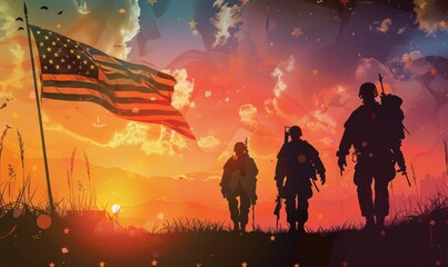 Soldiers silhouettes in front of USA flag background, template for national holidays in Unite States of America, Veterans day concept