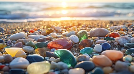 Sticker - A beach scene with colorful gemstones, polished sea glass, and smooth pebbles glistening under the sunlight.