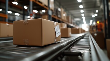 Wall Mural - efficient logistics: cardboard boxes on conveyor belt in modern warehouse for stock and delivery man