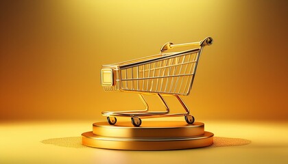 On a yellow background, a golden shopping cart is displayed on a golden pedestal in this 3D rendering.