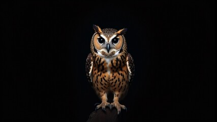 Wall Mural - A brown and white owl stands on a stone in complete darkness.