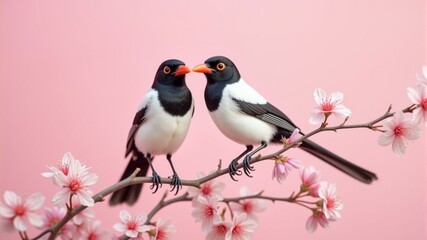 Two magpie birds are sitting on a branch with pink flowers.