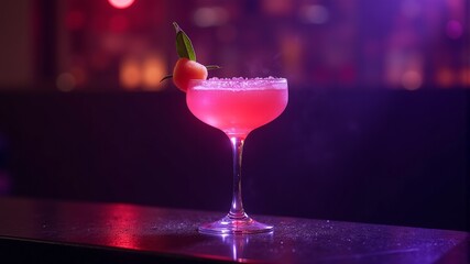 a pink cocktail with a green leaf on the top.