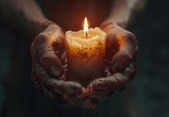 Close-up of bloodstained hands holding a burning candle.