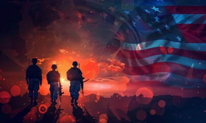 Soldiers silhouettes in front of USA flag background, template for national holidays in Unite States of America, Veterans day concept