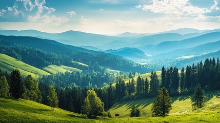 A picturesque landscape showcasing rolling hills and a lush forest under a bright blue sky on a sunny day, capturing the vibrant colors of nature and the tranquility of the outdoors, perfect for illus