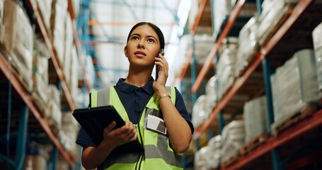 Poster - Logistics, woman and phone call in warehouse for distribution, inventory management and supply chain. Supervisor, tablet and contact supplier for cargo import, shipping inspection and track stock