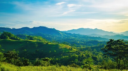 A picturesque landscape showcasing rolling hills and a lush forest under a bright blue sky on a sunny day, capturing the vibrant colors of nature and the tranquility of the outdoors, perfect for illus