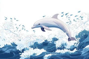 Playful dolphin jumping out of stormy blue ocean waves