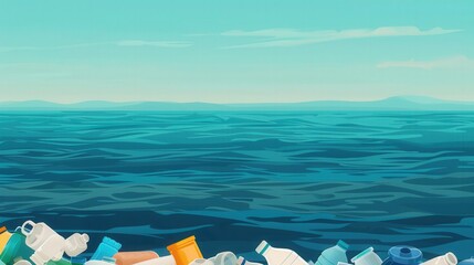 Plastic-laden Ocean, a vibrant flat design illustrating the stark reality of environmental pollution, highlighting the urgent need for ocean conservation and waste reduction.