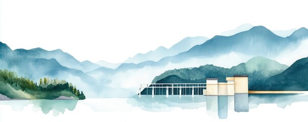 Poster - A hydroelectric dam set against misty mountains