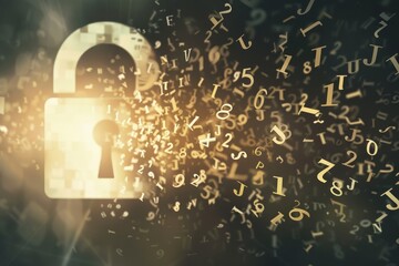 Fototapete - Abstract cybersecurity design with flowing encrypted data and a secure digital padlock, symbolizing the importance of online data protection and privacy