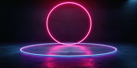 Canvas Print - Neon circle and ring in a dark, reflective environment.