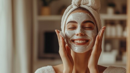 Woman applying facial mask in a cozy indoor setting during a skincare routine at home