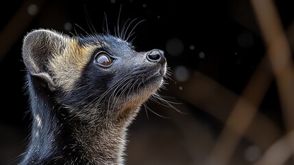 Wall Mural - A black and tan fox with large, dark eyes looks up at the camera, with a blurred background.