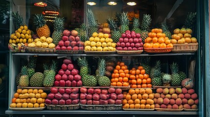 Stacks of fruit displayed in a store window in Indonesia