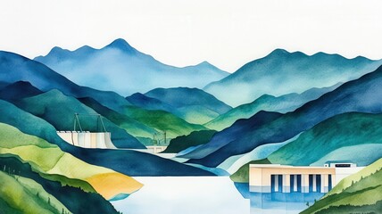 Poster - A mountain landscape featuring a hydroelectric plant