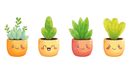 Four cute potted plants with happy faces. The plants are drawn in a cartoon style and have different types of leaves.