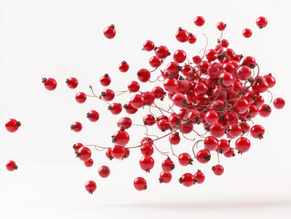 A vibrant collection of red berries floating against a white background, showcasing their freshness and natural beauty.