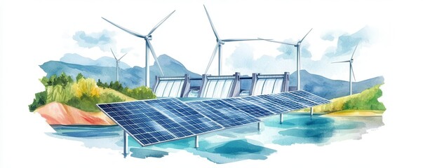 Wall Mural - Solar panels and wind turbines with a hydropower dam in the background