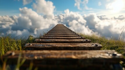 Wall Mural - Surreal journey: wooden track ascending through cloudscape for dreamlike spring visions