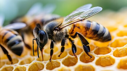 Close-up of two honey bees working on a honeycomb.