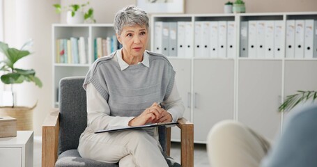 Poster - Therapist, client and senior woman with clipboard, listening and diagnosis with emotional reaction. Psychologist, documents and medical with professional, healthcare and depression with session