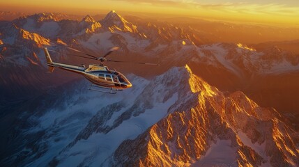 Wall Mural - Helicopter Flying Over Majestic Mountains at Sunset