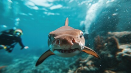 Underwater adventure with scuba diver and shark for ocean enthusiasts