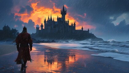 Wall Mural - Majestic king strides along rainy beach, fantasy castle looming in stormy twilight backdrop