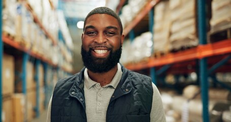 Poster - Portrait, black man and smile at warehouse for distribution service, logistics industry and package inventory. Worker, happy and inspection for supply chain, freight and quality control of production