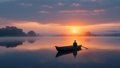 Wall Mural - Contemplative Solitude on Misty Lake at Sunrise, Embracing Natures Tranquility in a Reflective Mood