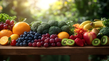 Wall Mural - Close-up of vibrant freshfruits and vegetablesarranged in a balancedlayout on a wooden tablesymbolizing healthy gutnutrition and natural
wellness.