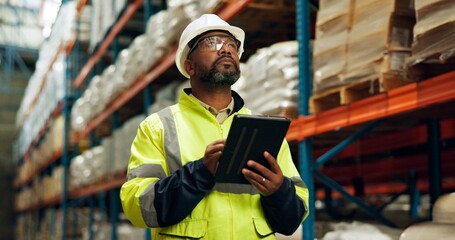 Poster - Black man, logistics and tablet at warehouse for distribution industry, stock checklist and package inventory. Worker, thinking and digital with inspection for shipping order, supply chain and safety