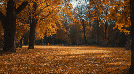 Sticker - Beautiful autumn landscape with yellow trees and sun. Colorful foliage in the park. Falling leaves natural background
