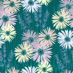 Seamless Pattern with lavender and chamomile. Color sketch style hand drawn background. Detailed illustration, hand drawn. Great for fabric and textile, prints, invitation, packaging